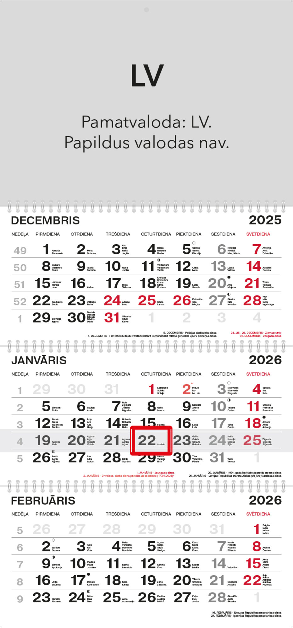 Three Wire Calendar 3.3 LV